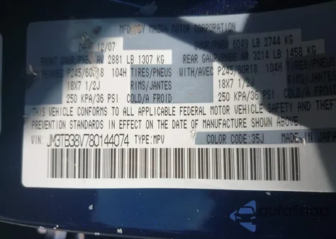 2008 Mazda Cx-9 Touring from USA, damaged, VIN JM3TB38V780144074